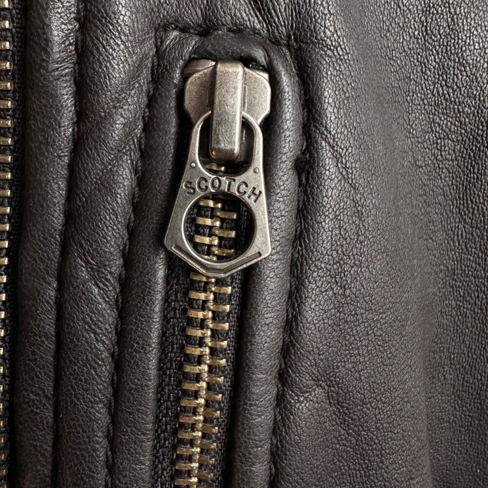 Scotch & Soda Black Leather Hooded Zip Moto Biker Jacket RARE Small - Picture 7 of 13
